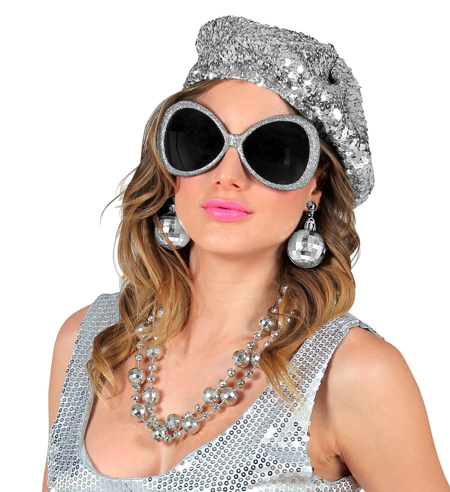 Accessoires Disco femme argent (béret, lunettes, boucles d'oreilles  boules à facettes)