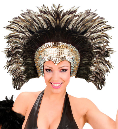 Coiffe cabaret sequins et plumes argent