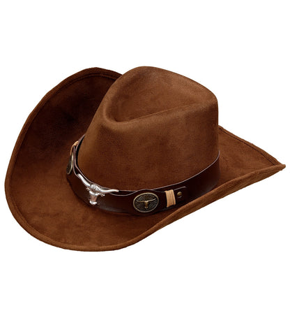 Chapeau Cowboy marron aspect daim avec tête de bison