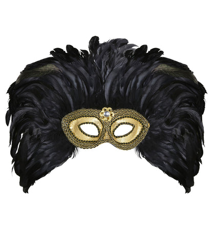 Masque loup doré avec longues plumes noires - femme