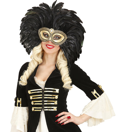 Masque loup doré avec longues plumes noires - femme