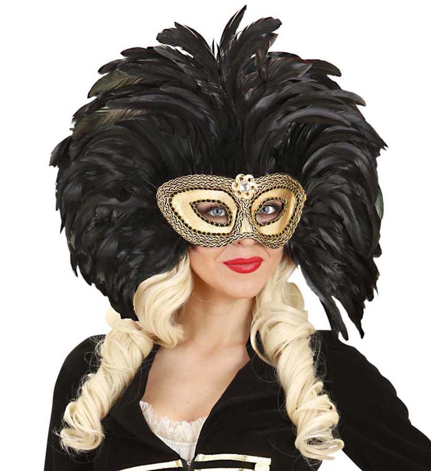 Masque loup doré avec longues plumes noires - femme