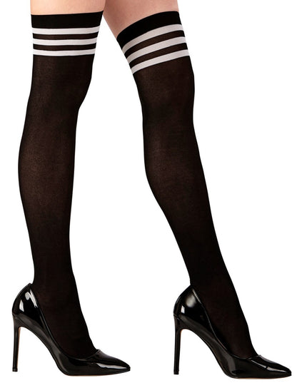 Chaussettes montantes femme noires rayées blancs - Accessoire sexy pour Halloween