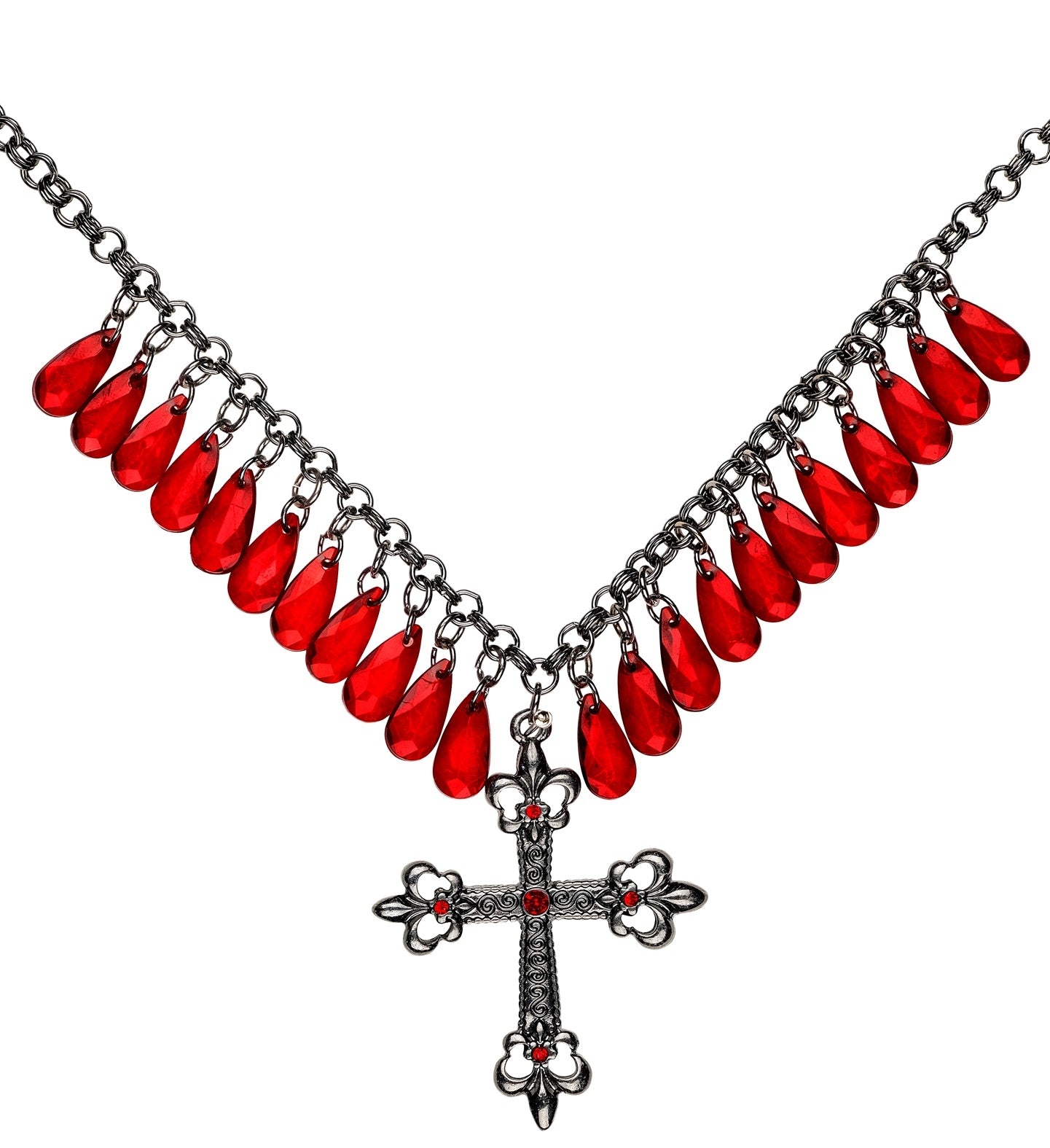 Collier à Croix Gothique Noir ou Rouge avec Gouttes de Jupiter