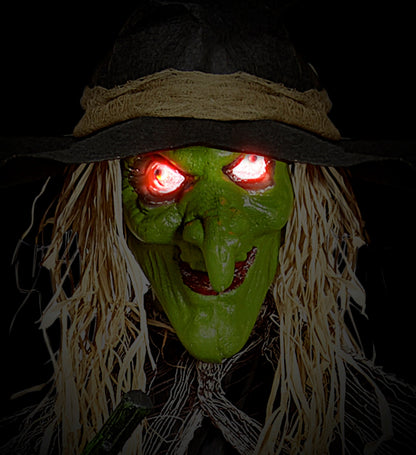 Décoration Effrayante : Sorcière 240 cm avec Balai et Yeux Rouges Lumineux
