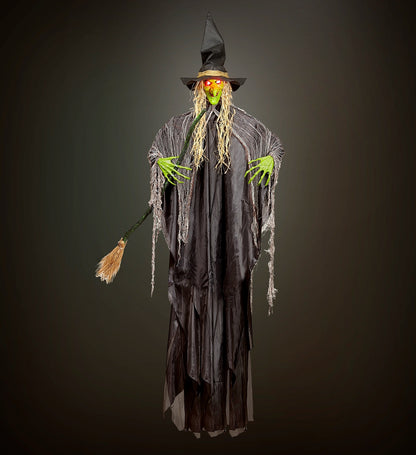 Décoration Effrayante : Sorcière 240 cm avec Balai et Yeux Rouges Lumineux