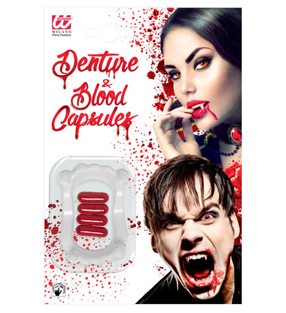 Dents de Vampire avec 4 Capsules de Sang : Accessoire Halloween