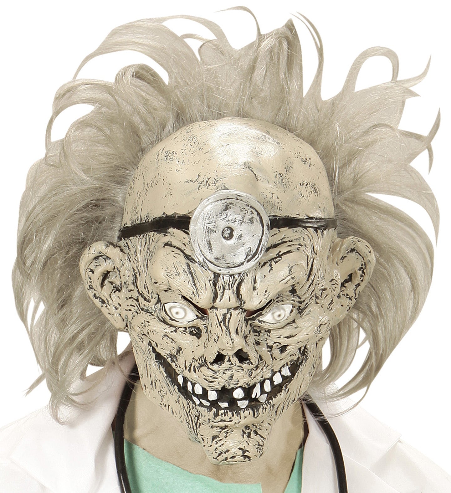 Masque latex Halloween : Docteur zombie avec cheveux et lampe frontale