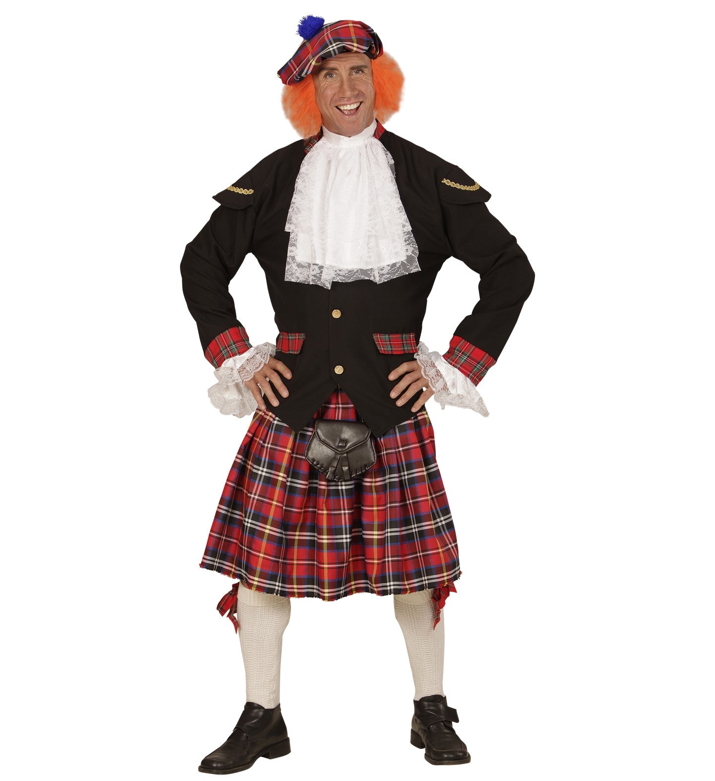 Déguisement Kilt Écossais & béret avec cheveux roux- Tenue Authentique Homme