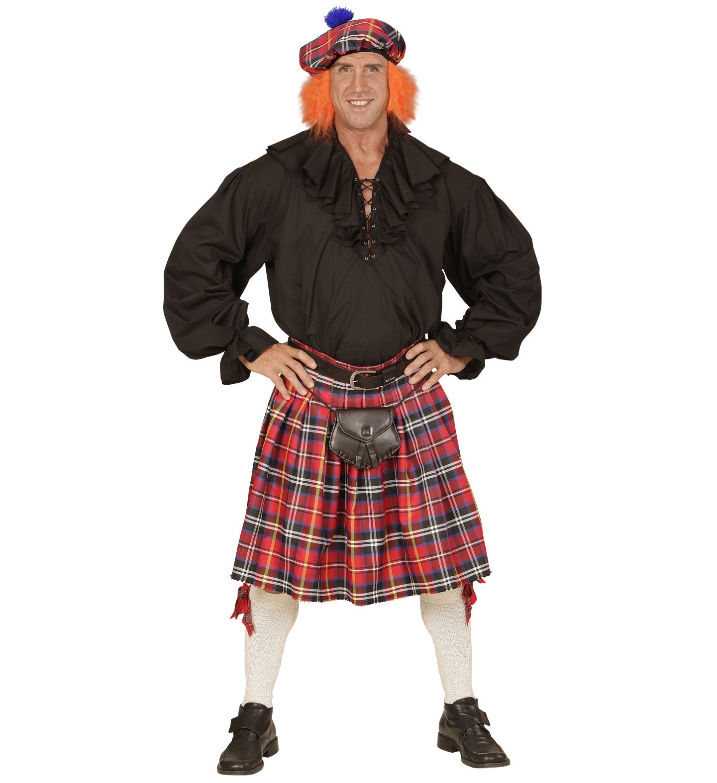 Déguisement Kilt Écossais & béret avec cheveux roux- Tenue Authentique Homme