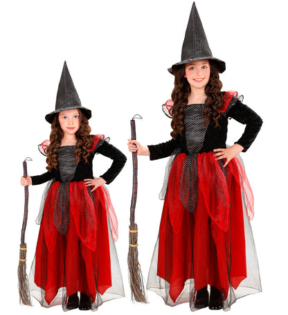 Déguisement de sorcière fille pour Halloween : robe et chapeau noir & bordeaux