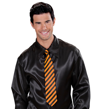 Cravate Rayée Orange Fluo et Noire, Satin - Déguiz-Fêtes