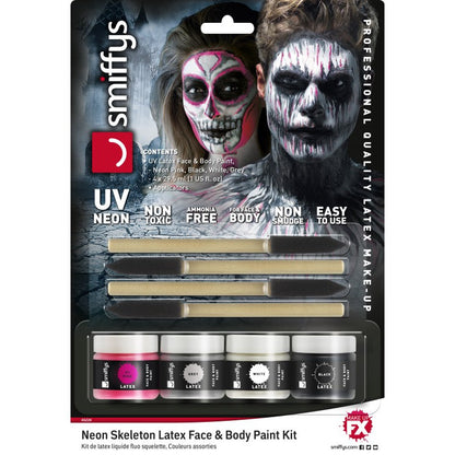 Kit latex liquide fluo squelette (4 pots de maquillage et 4 éponges)