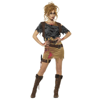 Déguisement zombie sexy (robe, gilet imprimé, haut, poignard et étui)