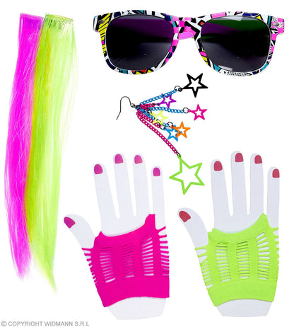 Kit cheveux années 80 femme (2 extensions cheveux neon, boucles d'oreille, gants et lunettes)