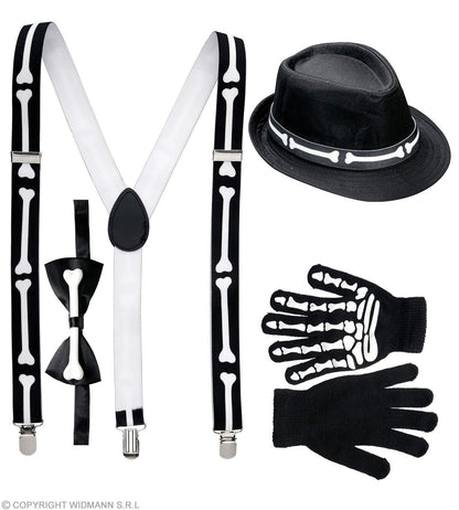 Kit Squelette (bretelles os, noeud papillon, gants et chapeau)