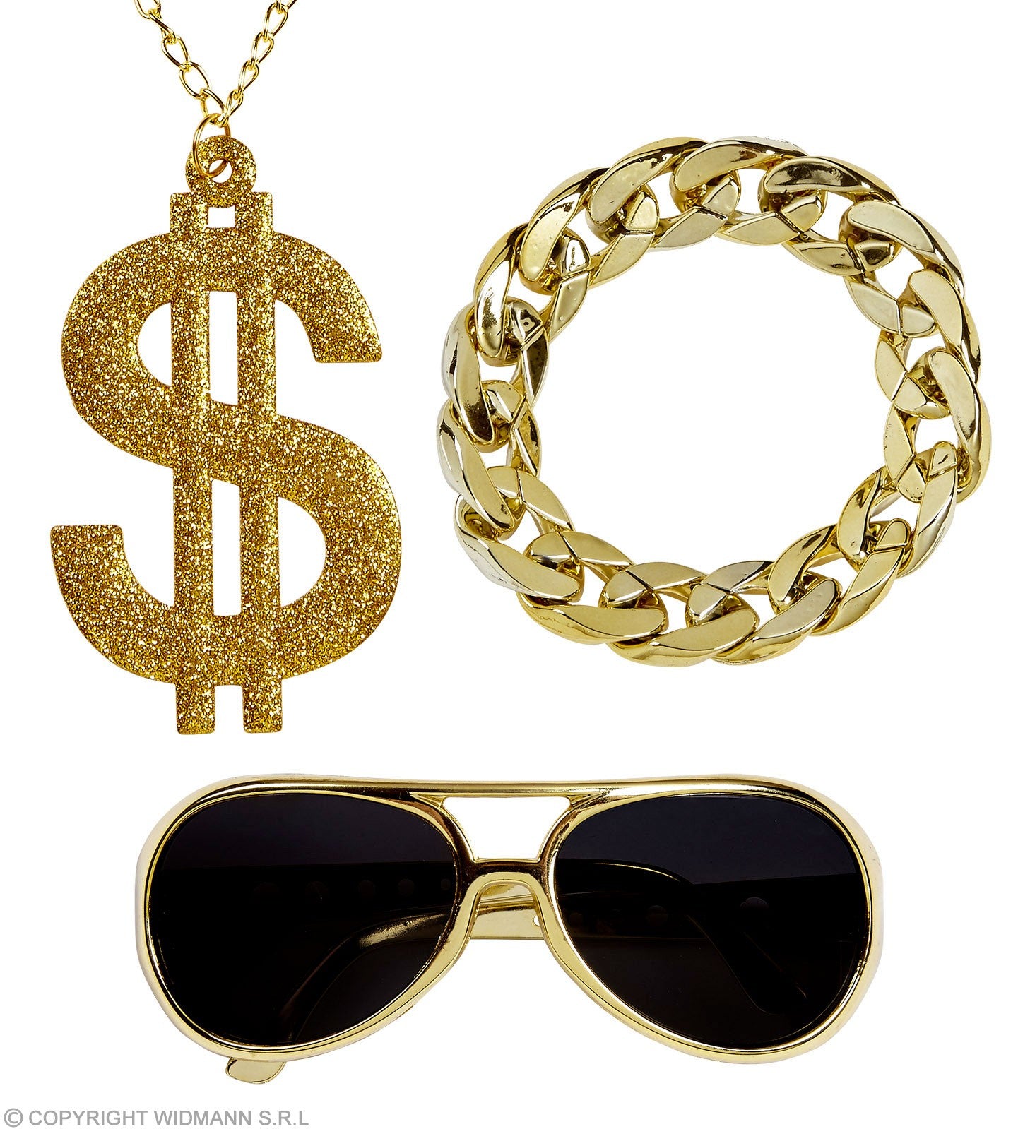 Set de Rappeur (lunettes, collier dollar, bracelet or)