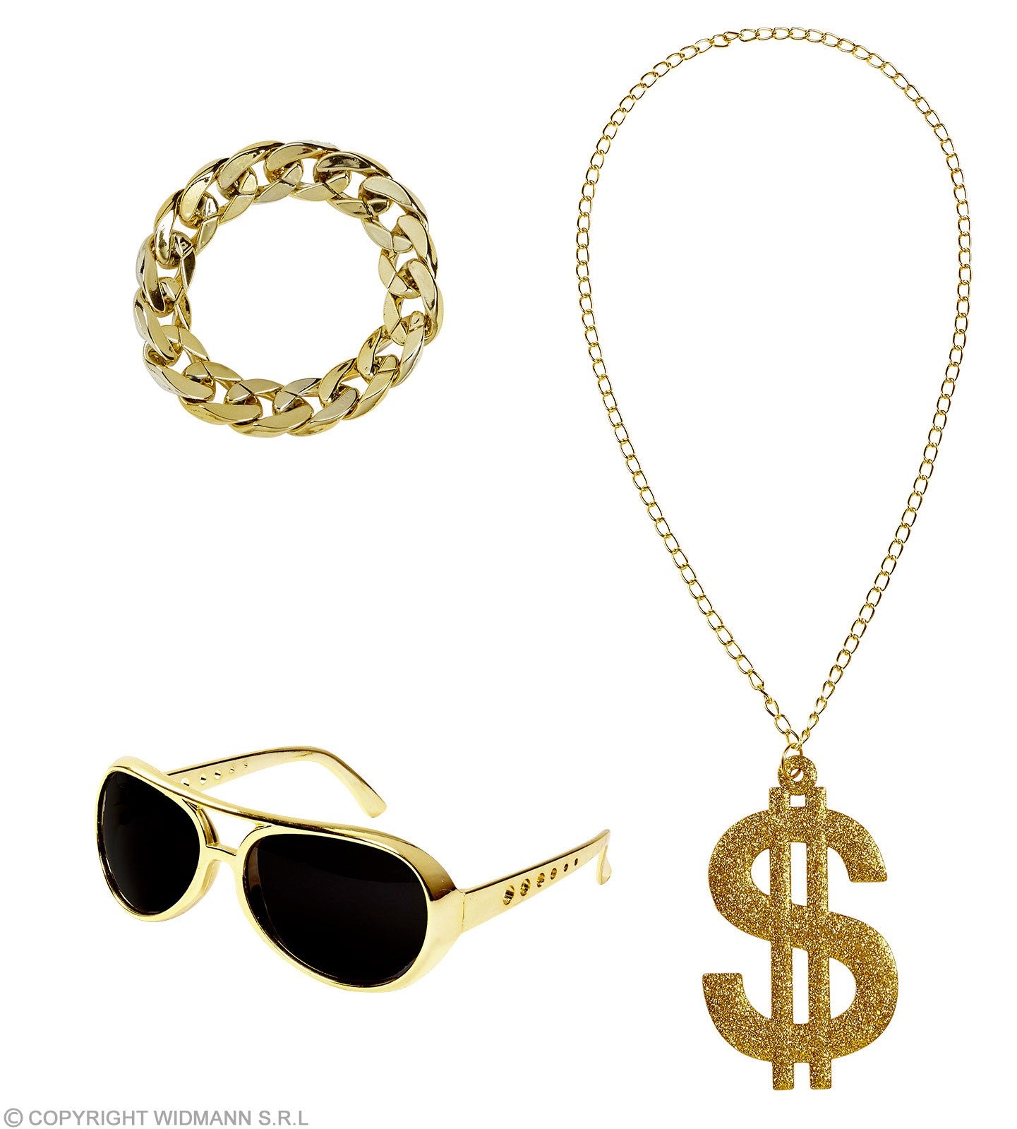 Set de Rappeur (lunettes, collier dollar, bracelet or)