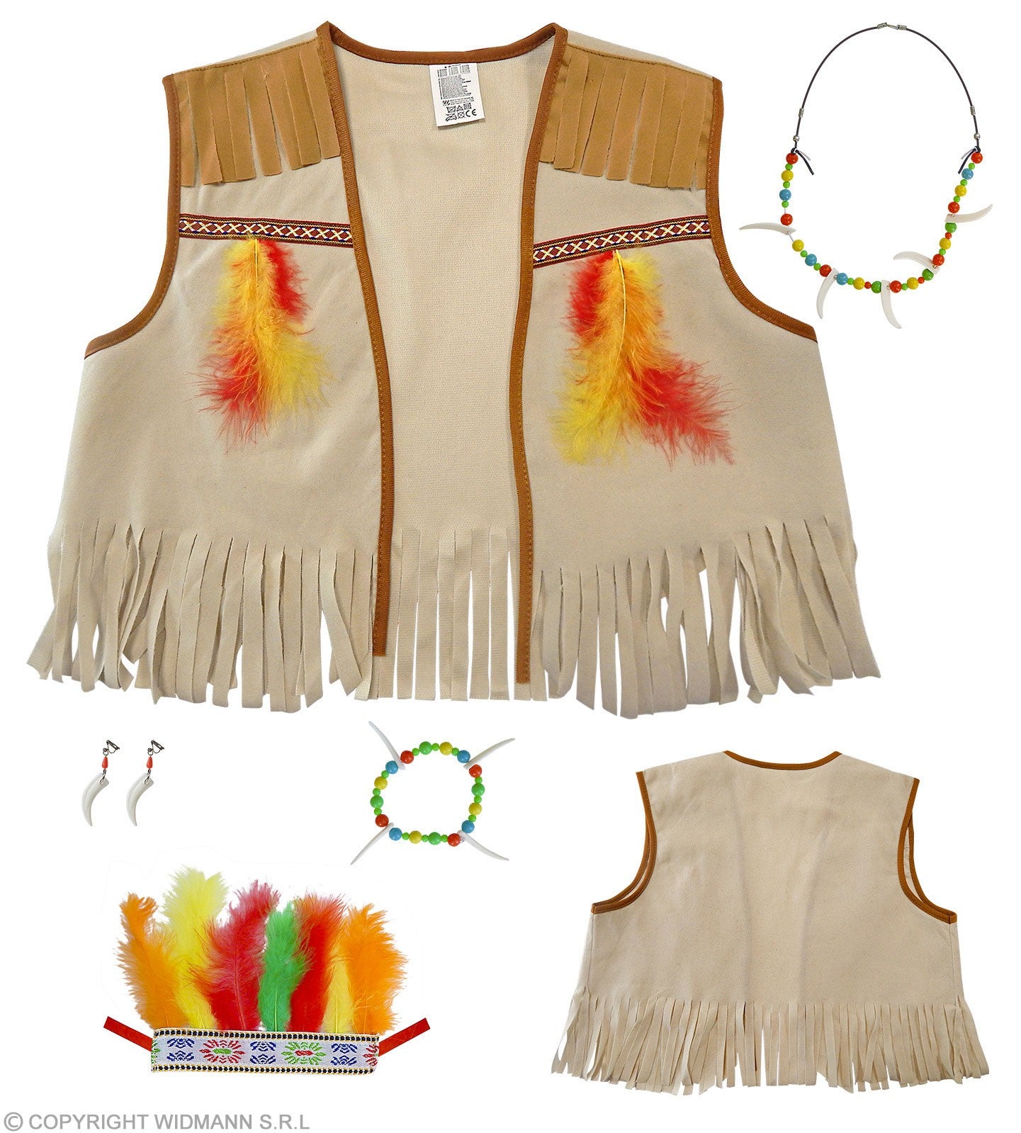 Set Indienne Fille (gilet, coiffe avec plumes, collier, bracelet et boucles d'oreilles)