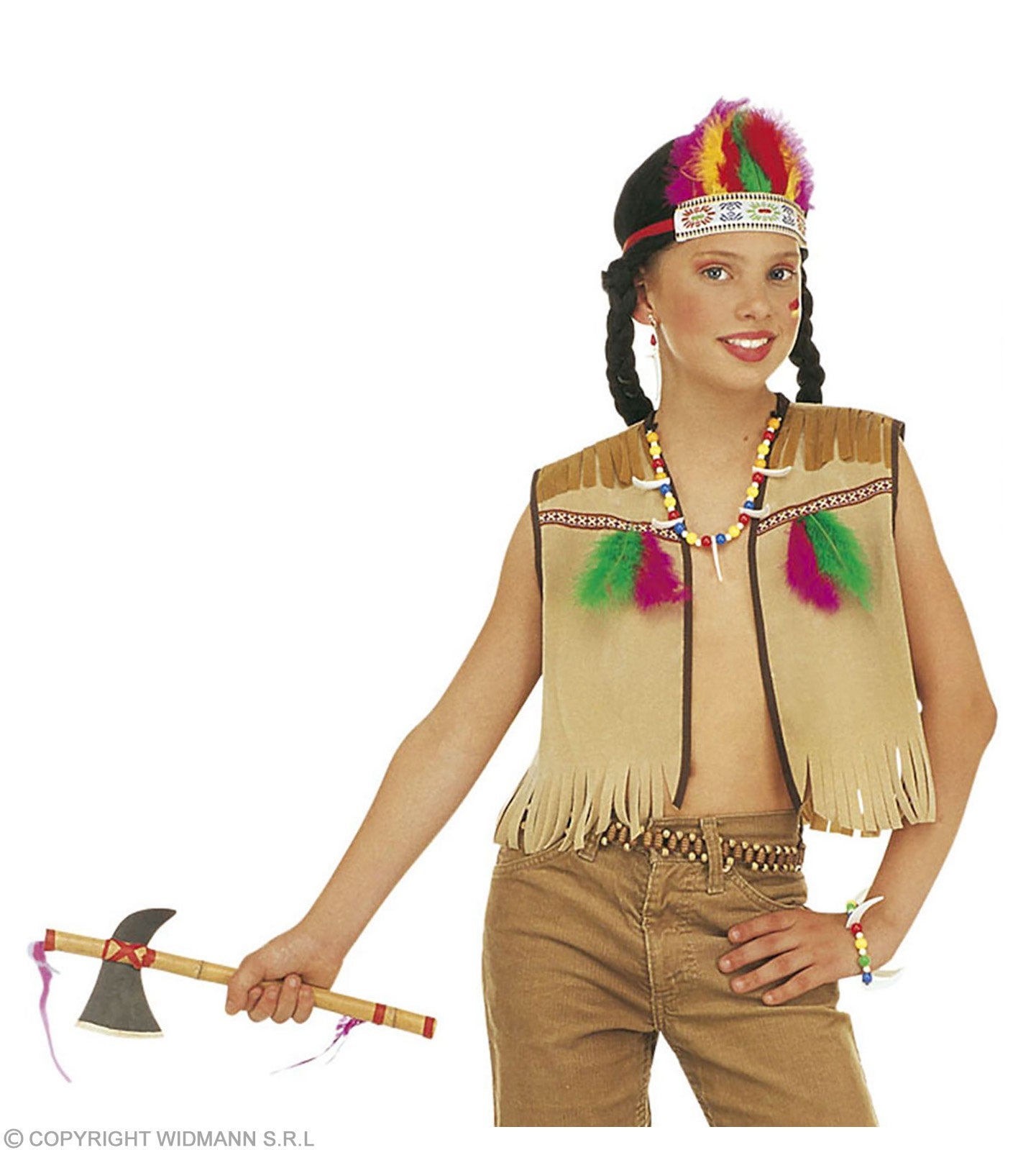 Set Indienne Fille (gilet, coiffe avec plumes, collier, bracelet et boucles d'oreilles)