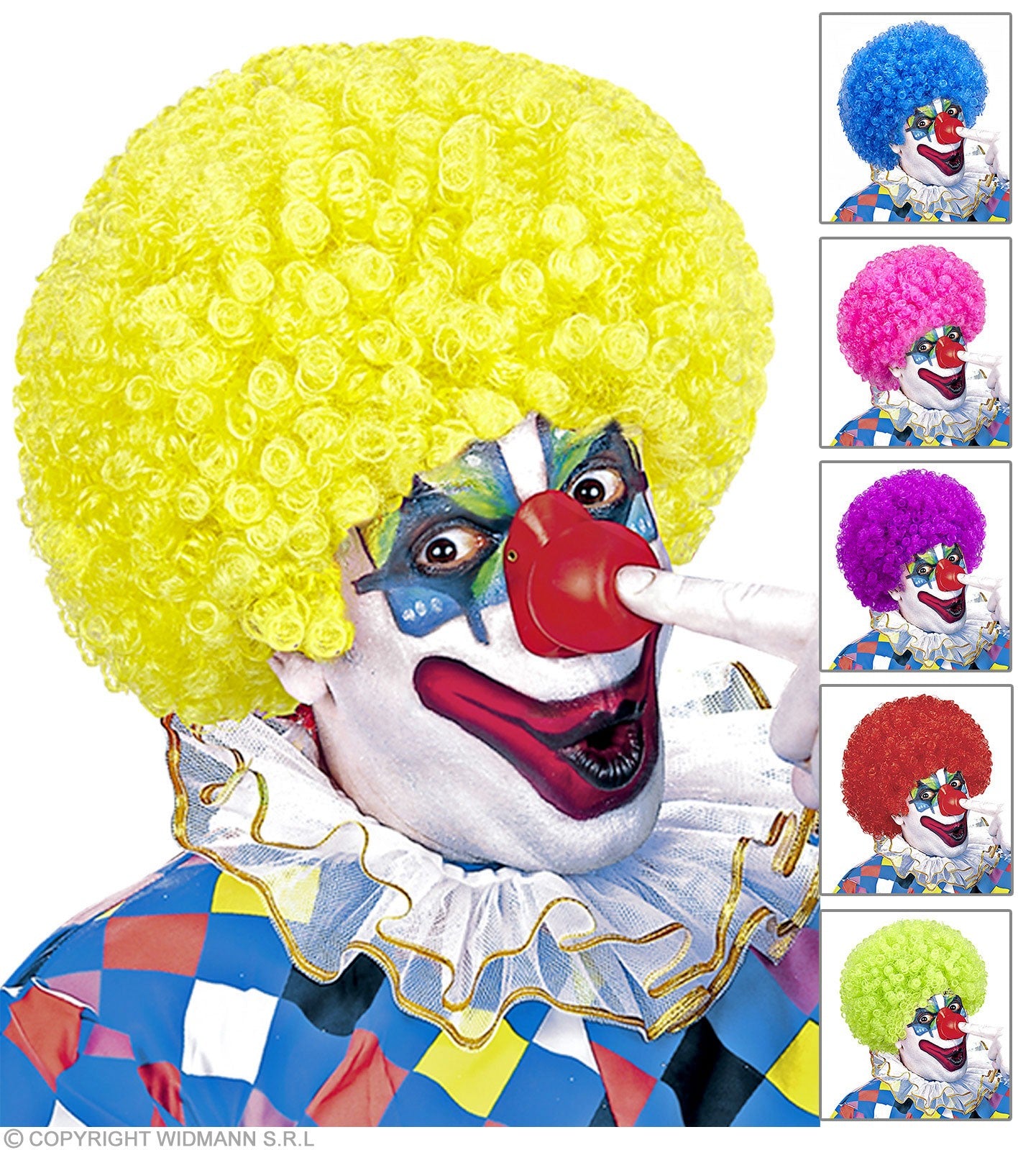 Perruque Clown, couleur au choix (jaune, rouge, vert, rose, violet et bleu)