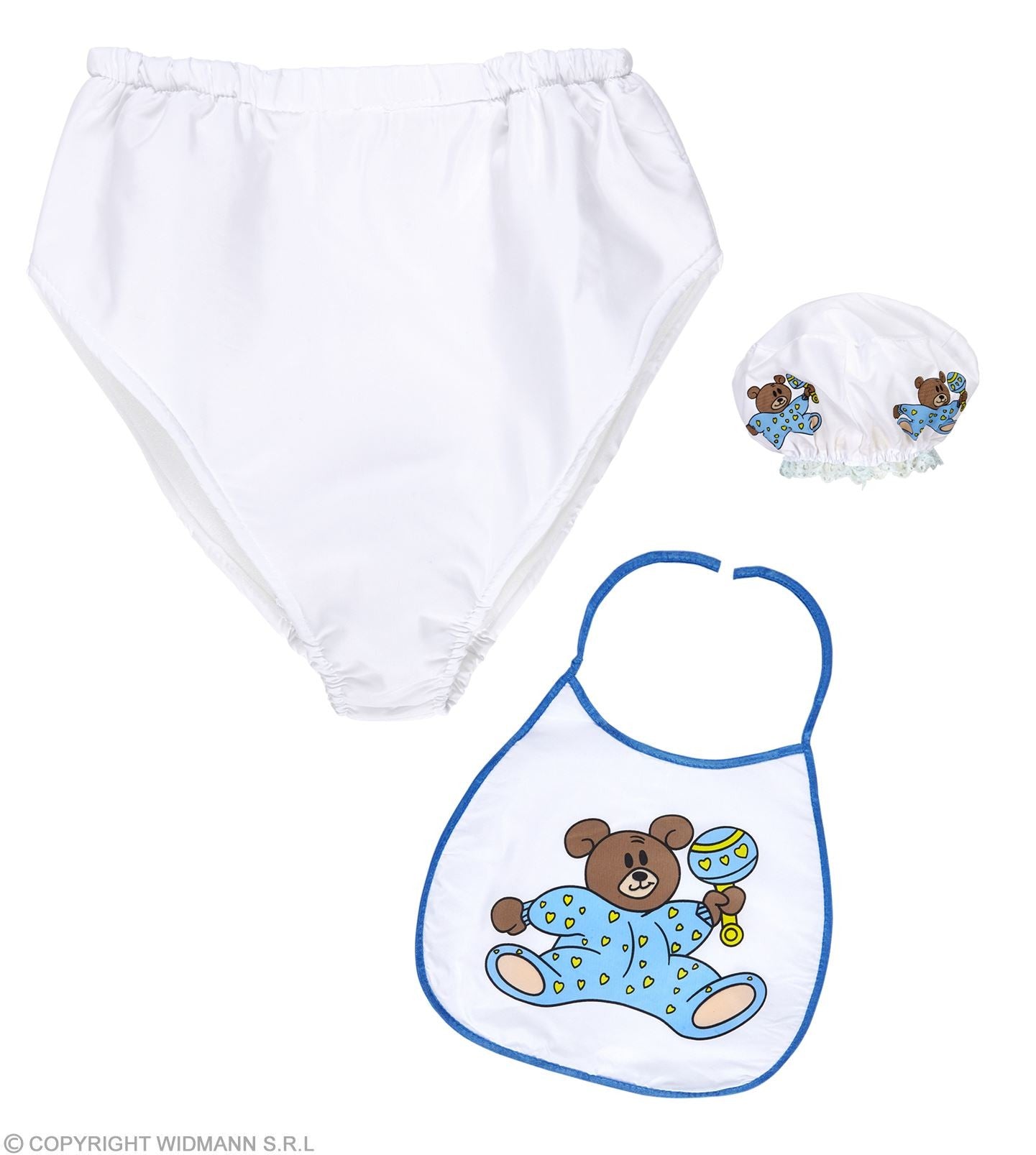 Set Bébé Bleu Adulte (bonnet, bavoir, couche géante)