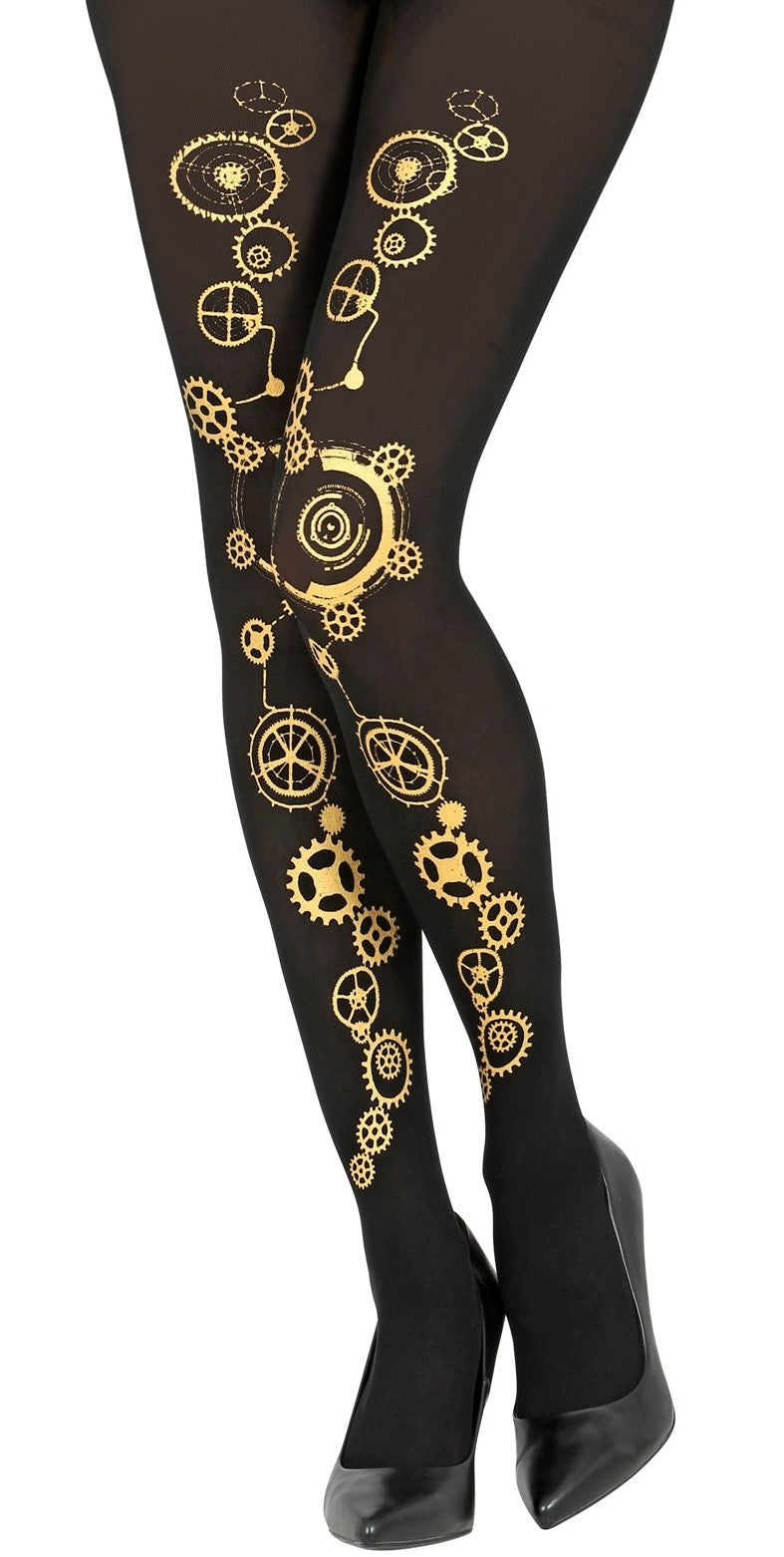 Collant Steampunk 50 DEN femme noir avec engrenages dorés